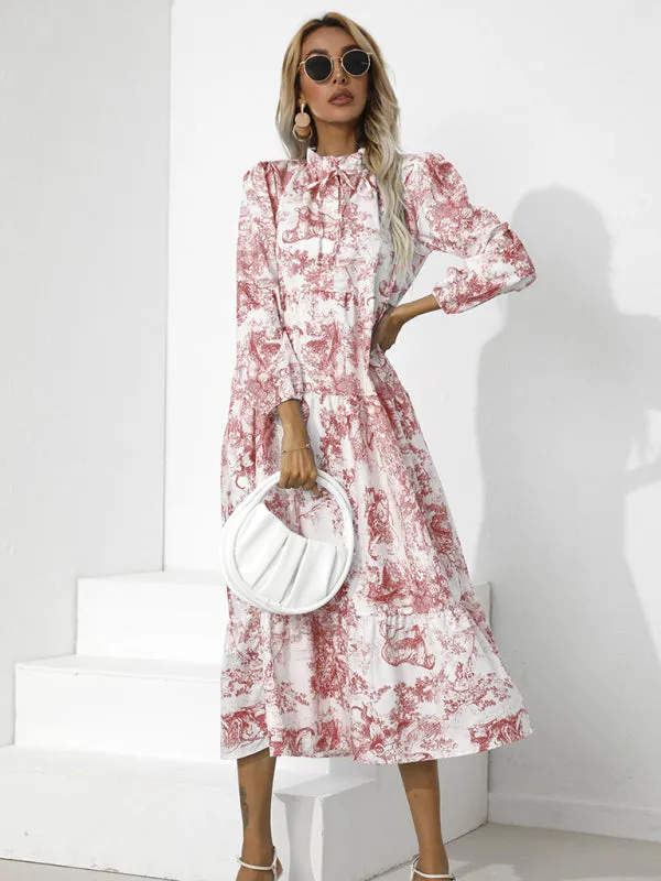 Toile Print High-Low Hem Dress with Tiered Design