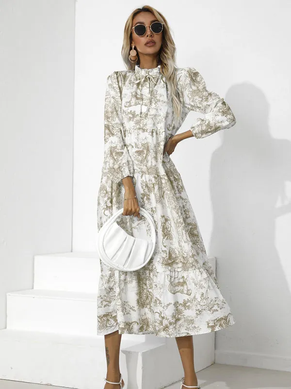 Toile Print High-Low Hem Dress with Tiered Design