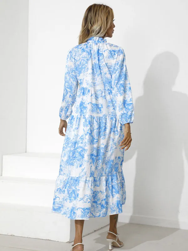 Toile Print High-Low Hem Dress with Tiered Design