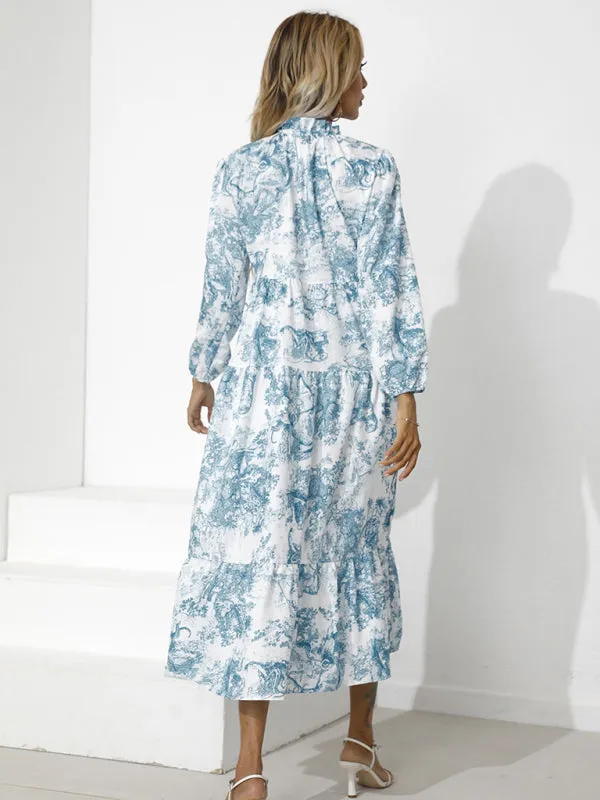 Toile Print High-Low Hem Dress with Tiered Design