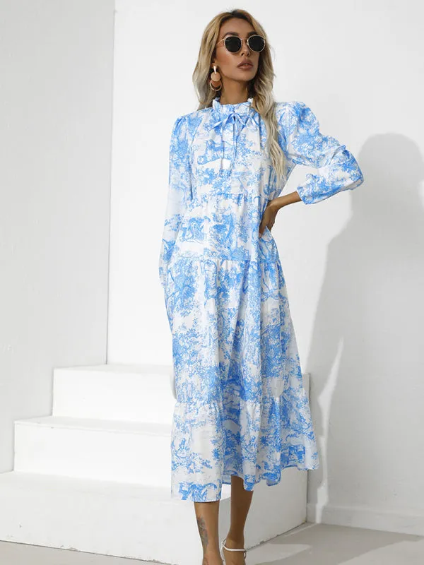 Toile Print High-Low Hem Dress with Tiered Design