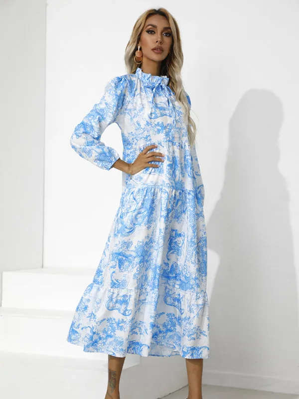 Toile Print High-Low Hem Dress with Tiered Design