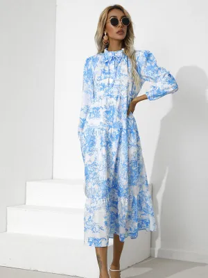 Toile Print High-Low Hem Dress with Tiered Design