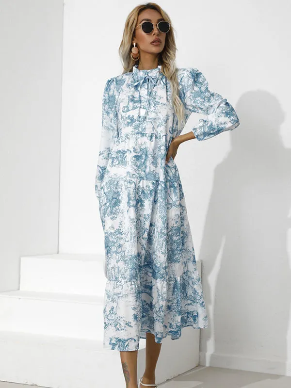 Toile Print High-Low Hem Dress with Tiered Design