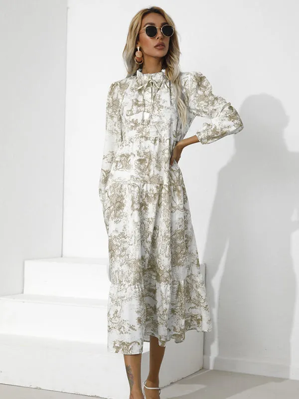 Toile Print High-Low Hem Dress with Tiered Design