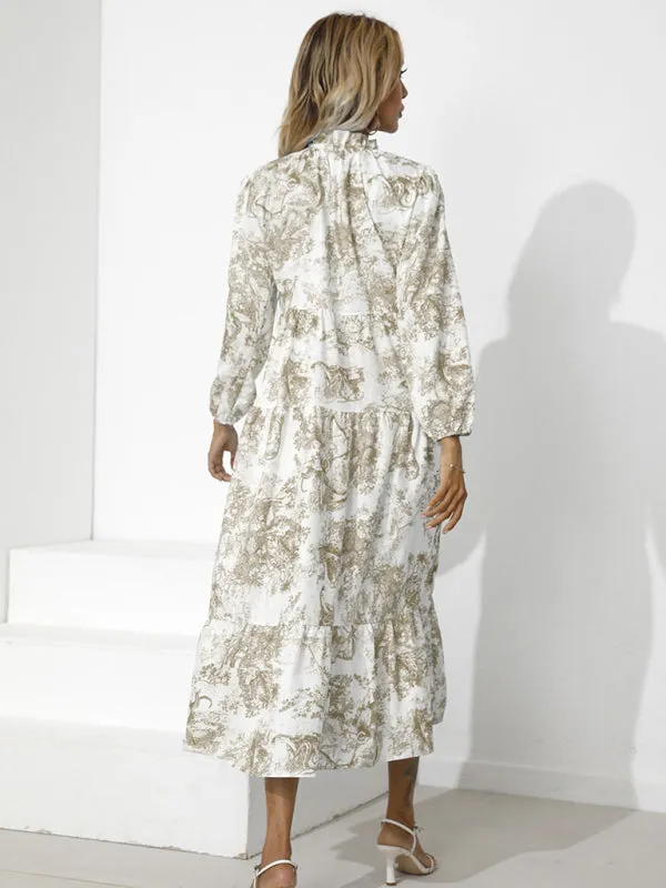 Toile Print High-Low Hem Dress with Tiered Design