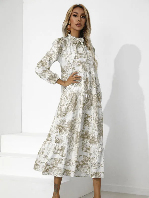 Toile Print High-Low Hem Dress with Tiered Design