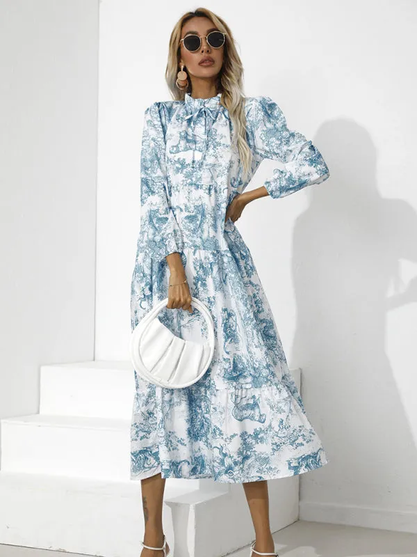 Toile Print High-Low Hem Dress with Tiered Design