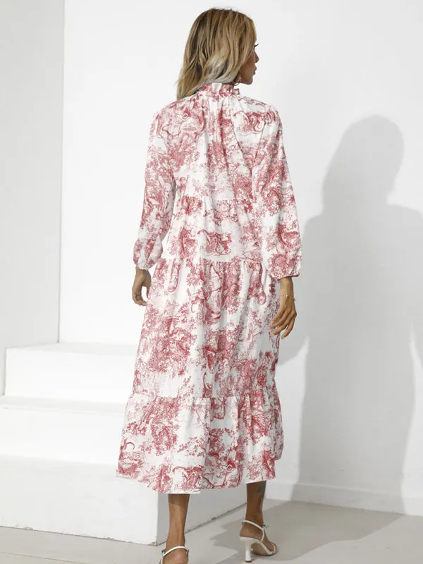 Toile Print High-Low Hem Dress with Tiered Design