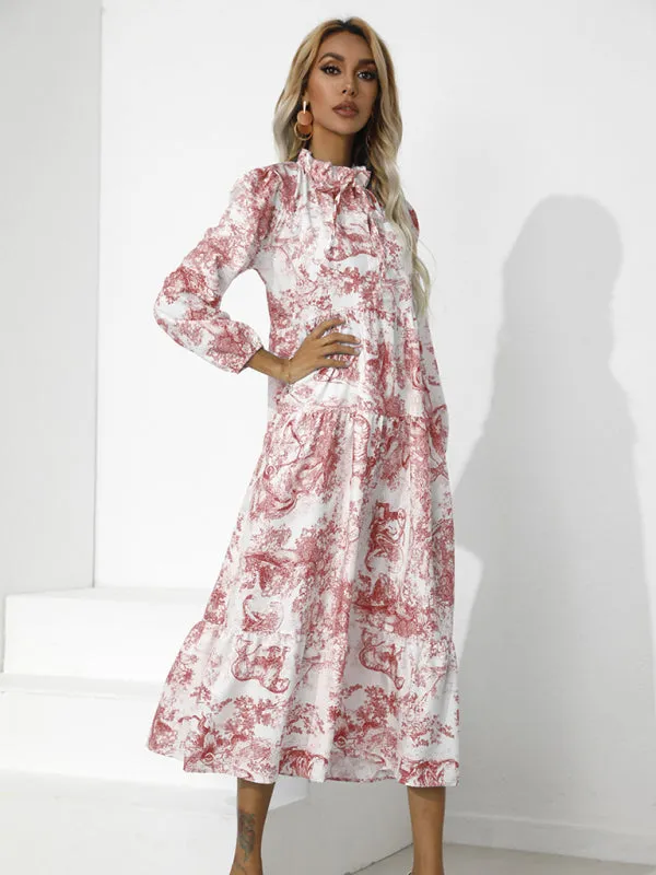 Toile Print High-Low Hem Dress with Tiered Design