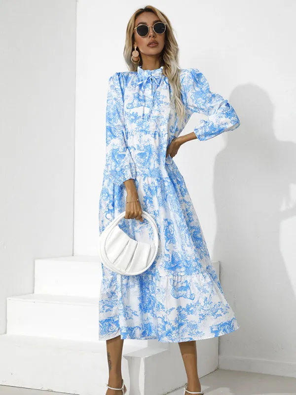 Toile Print High-Low Hem Dress with Tiered Design