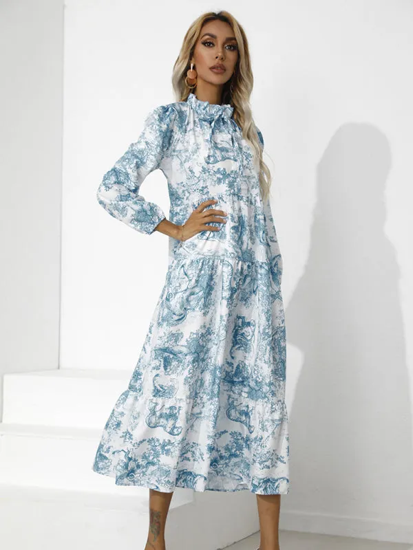 Toile Print High-Low Hem Dress with Tiered Design