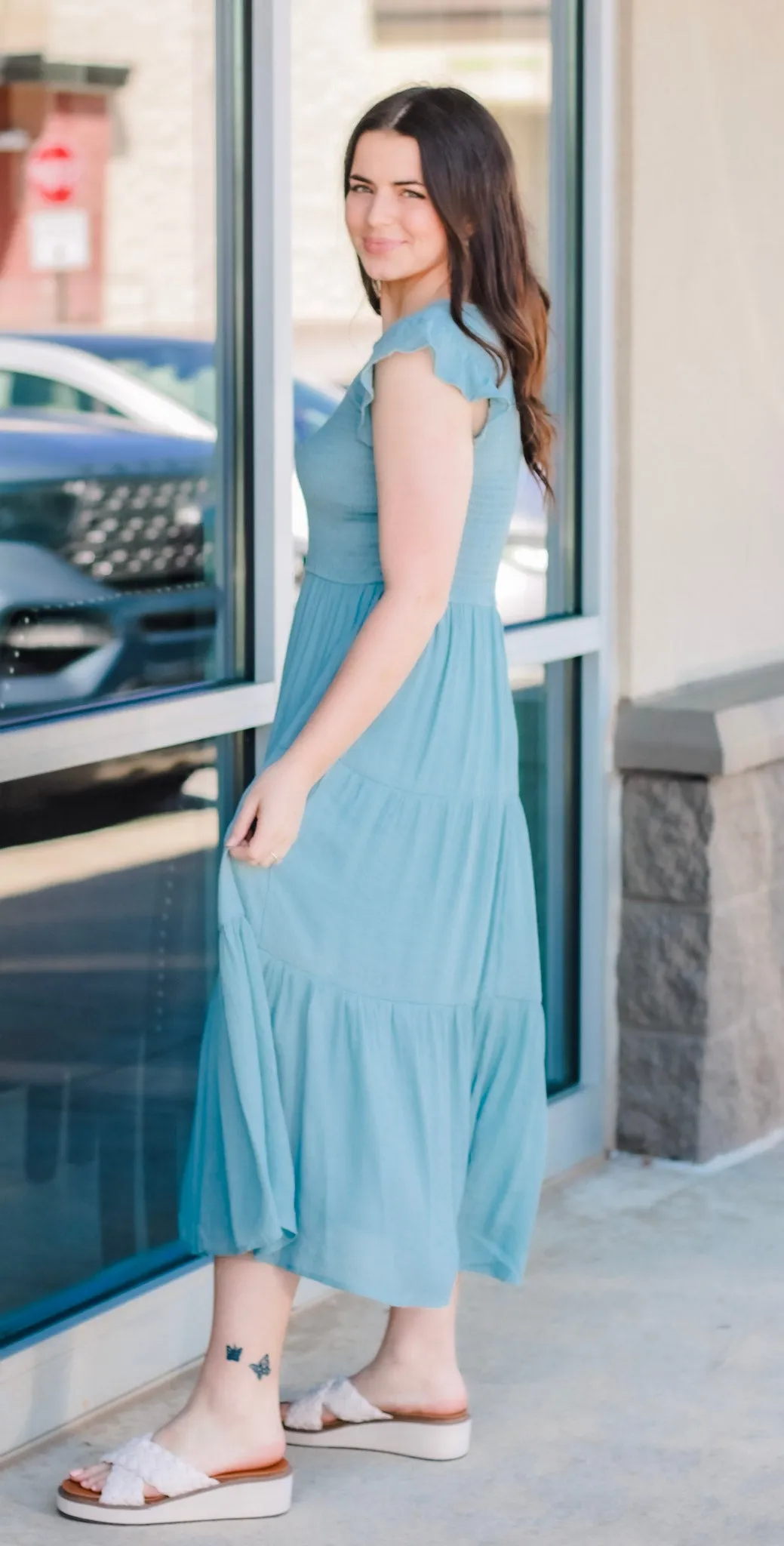 Trusting You Smocked Dress in Light Teal