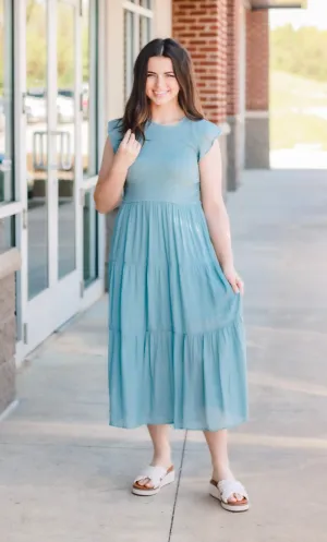 Trusting You Smocked Dress in Light Teal