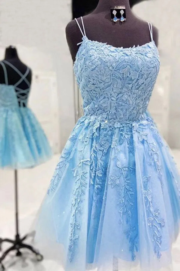 Tulle Lace A-line Spaghetti Straps Homecoming Dresses, Graduation Dress, SH558