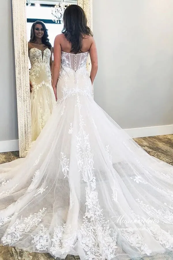 Tulle Mermaid Strapless Sweetheart Lace Appliques Wedding Dresses, MW995