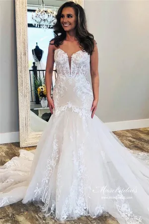 Tulle Mermaid Strapless Sweetheart Lace Appliques Wedding Dresses, MW995