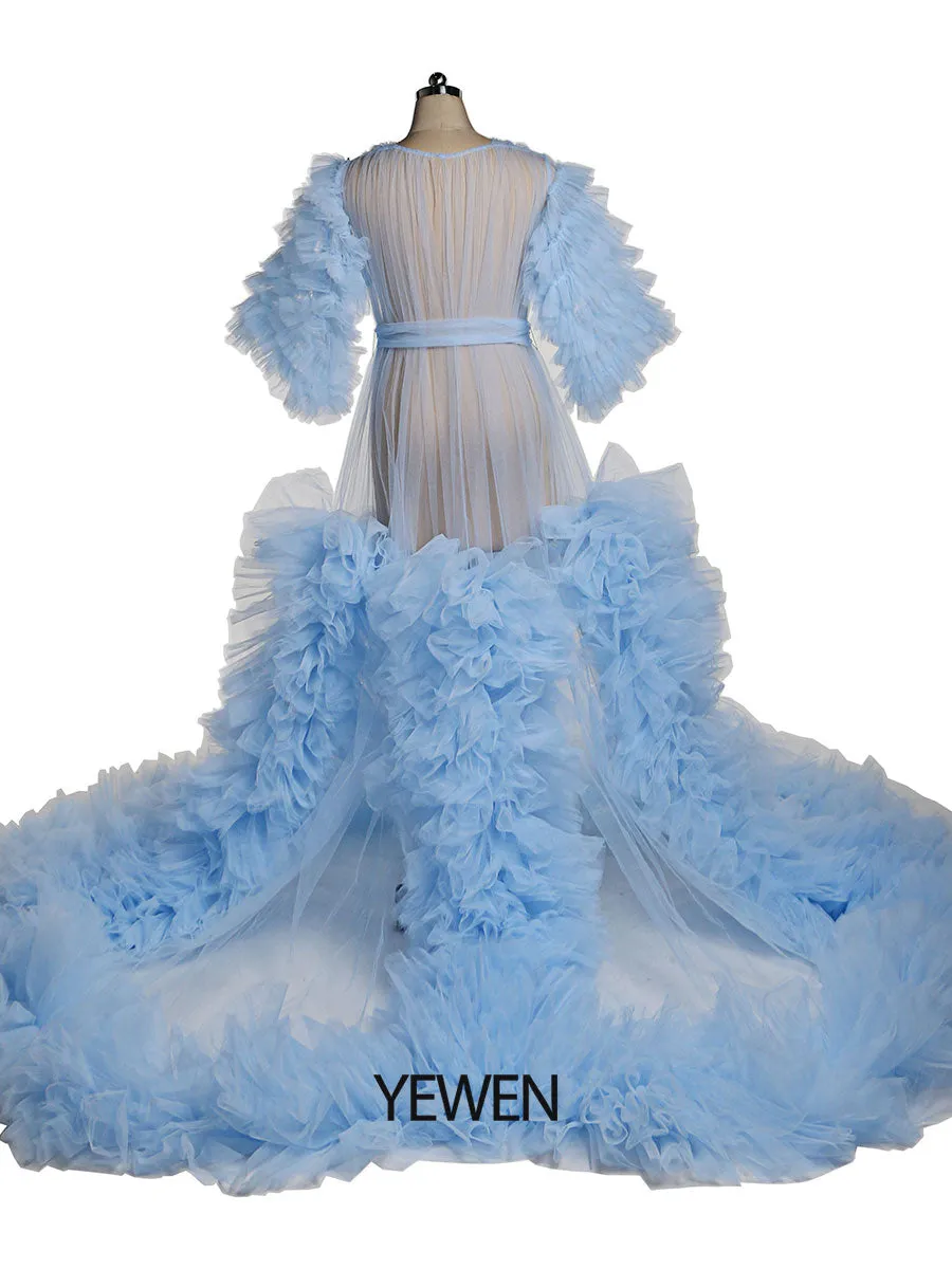 Tulle Ruffles Short Sleeves Green Maternity Gown for Photoshoot Dress Baby Shower