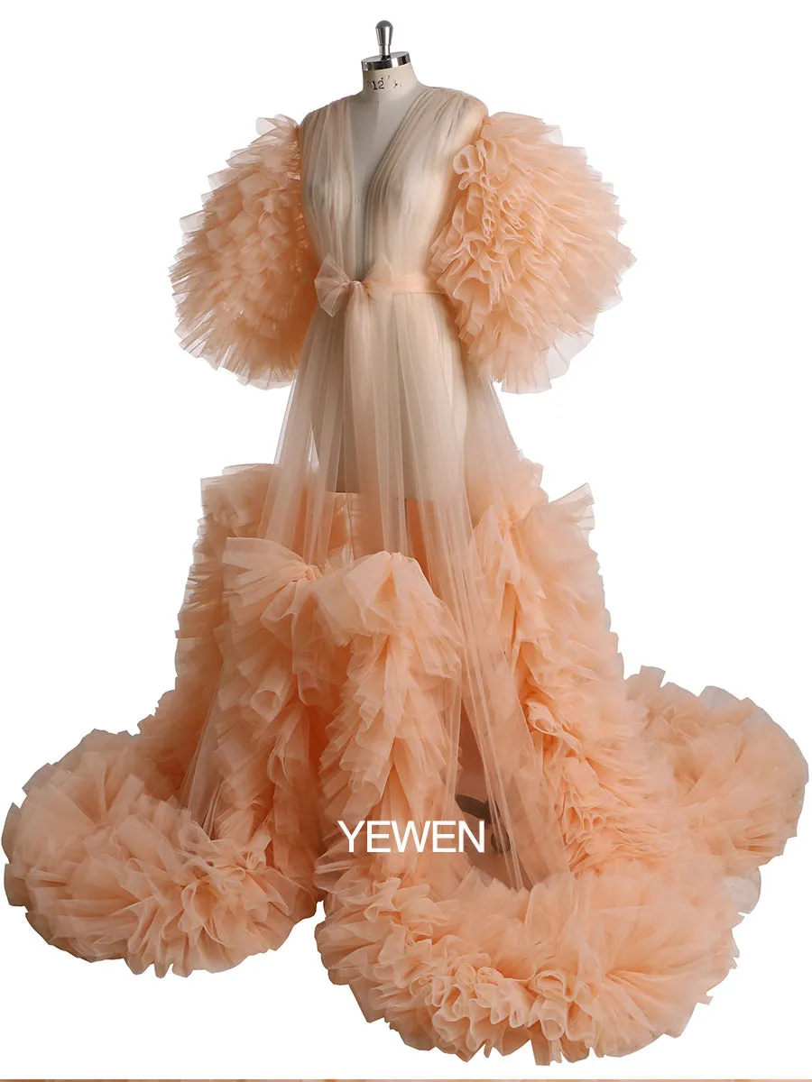 Tulle Ruffles Short Sleeves Green Maternity Gown for Photoshoot Dress Baby Shower