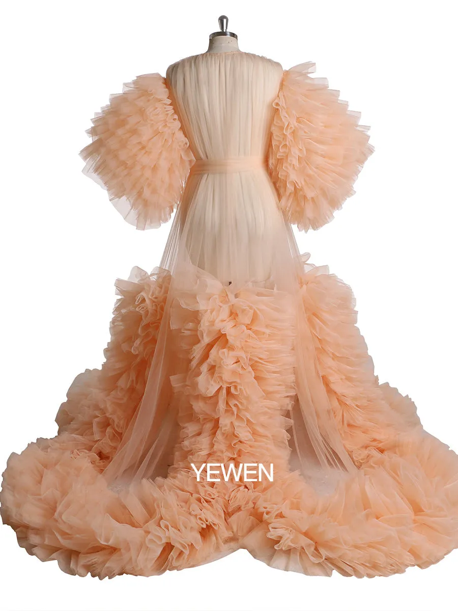 Tulle Ruffles Short Sleeves Green Maternity Gown for Photoshoot Dress Baby Shower