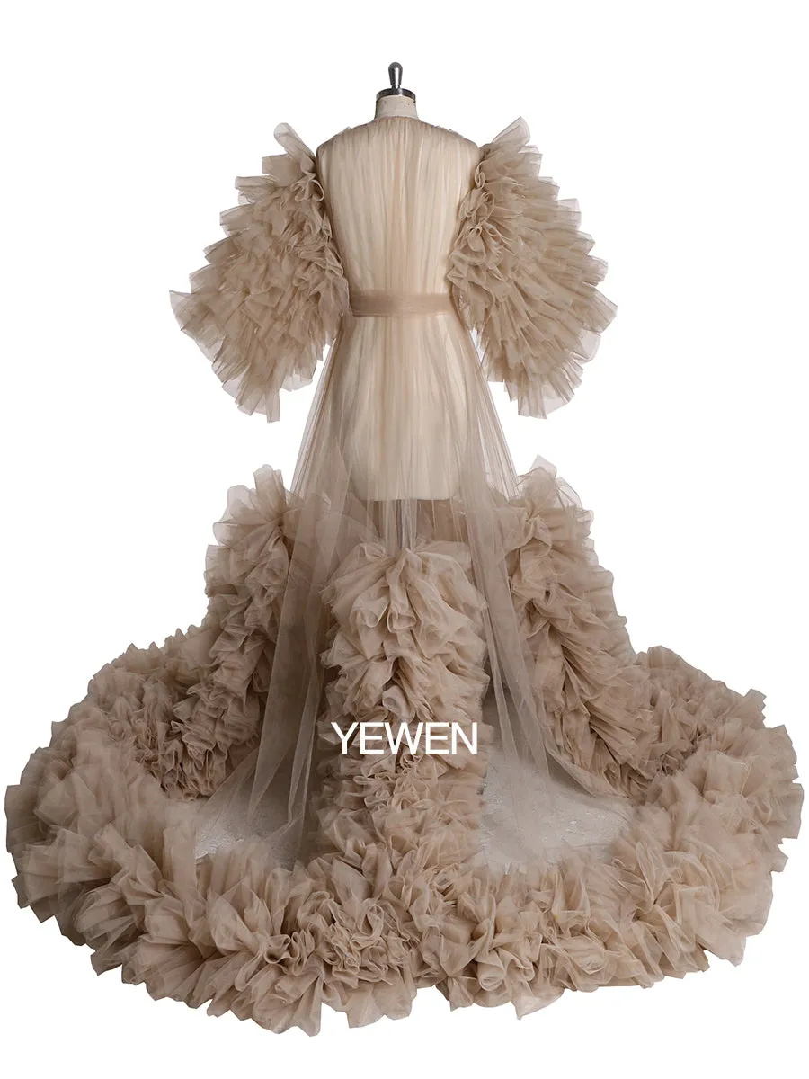 Tulle Ruffles Short Sleeves Green Maternity Gown for Photoshoot Dress Baby Shower