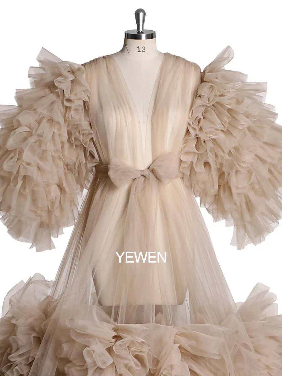 Tulle Ruffles Short Sleeves Green Maternity Gown for Photoshoot Dress Baby Shower