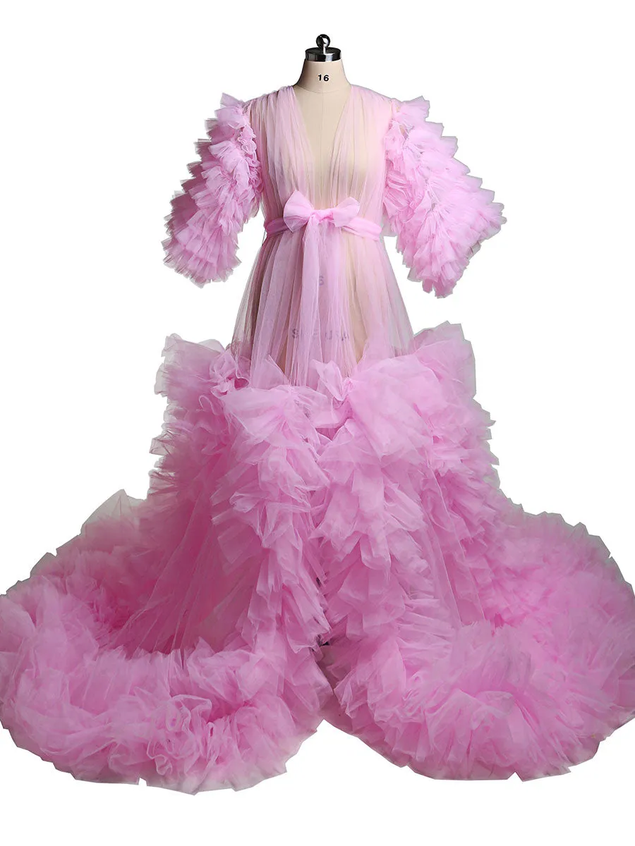 Tulle Ruffles Short Sleeves Green Maternity Gown for Photoshoot Dress Baby Shower