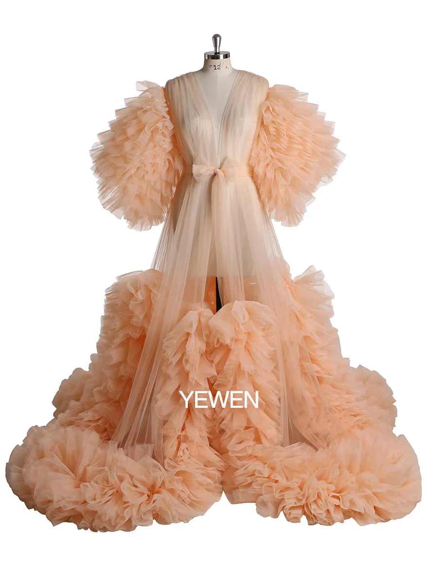 Tulle Ruffles Short Sleeves Green Maternity Gown for Photoshoot Dress Baby Shower