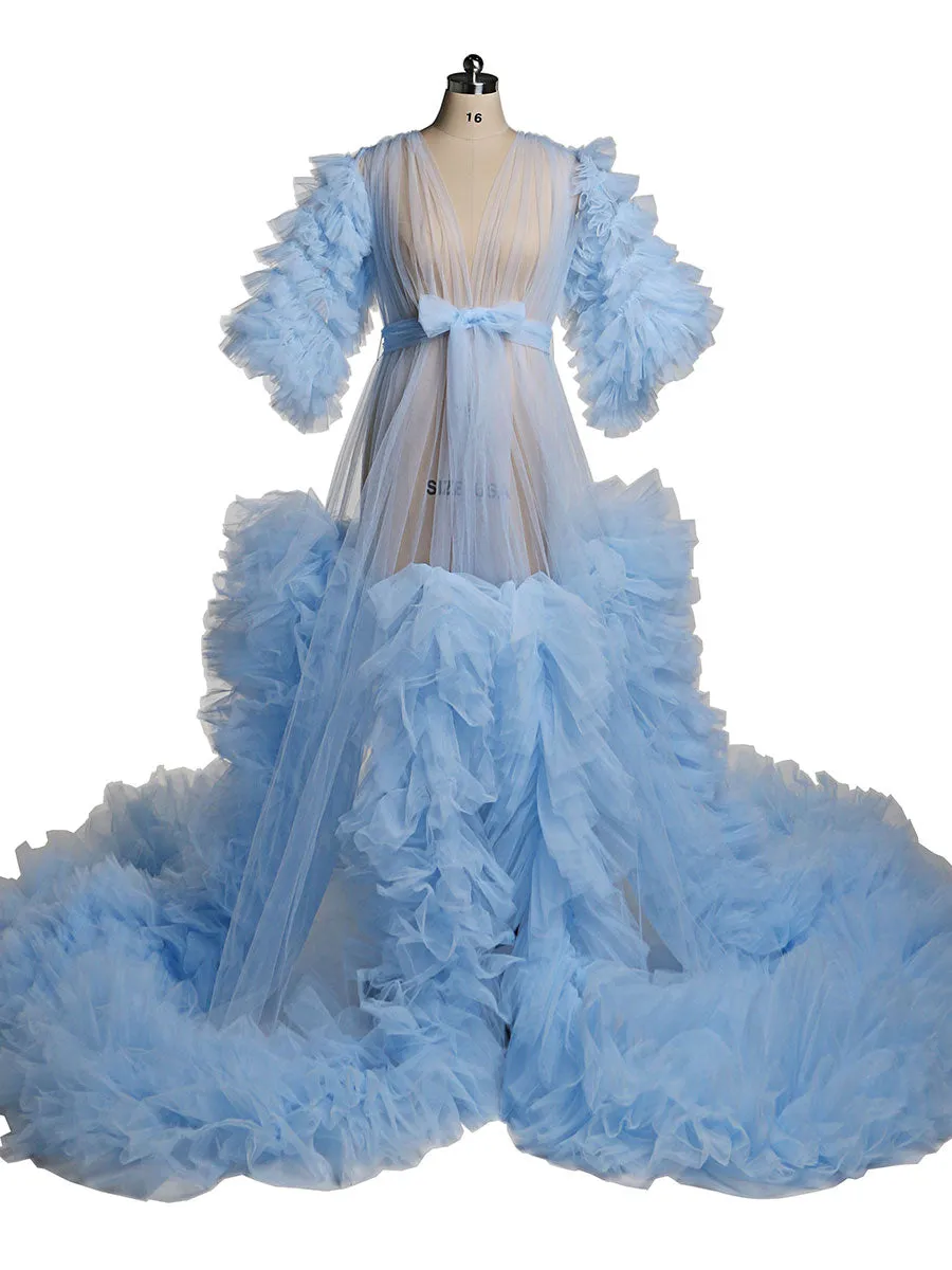 Tulle Ruffles Short Sleeves Green Maternity Gown for Photoshoot Dress Baby Shower