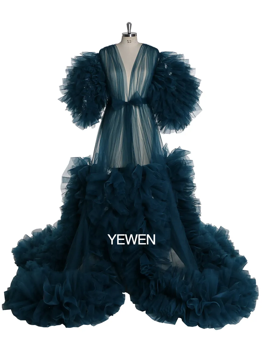Tulle Ruffles Short Sleeves Green Maternity Gown for Photoshoot Dress Baby Shower