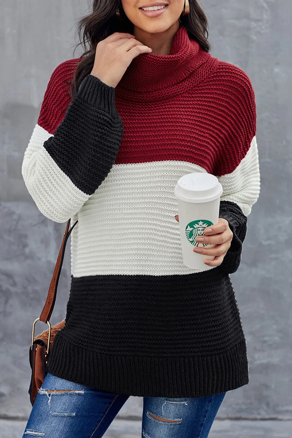 Turtleneck Color Block Pullover Sweater