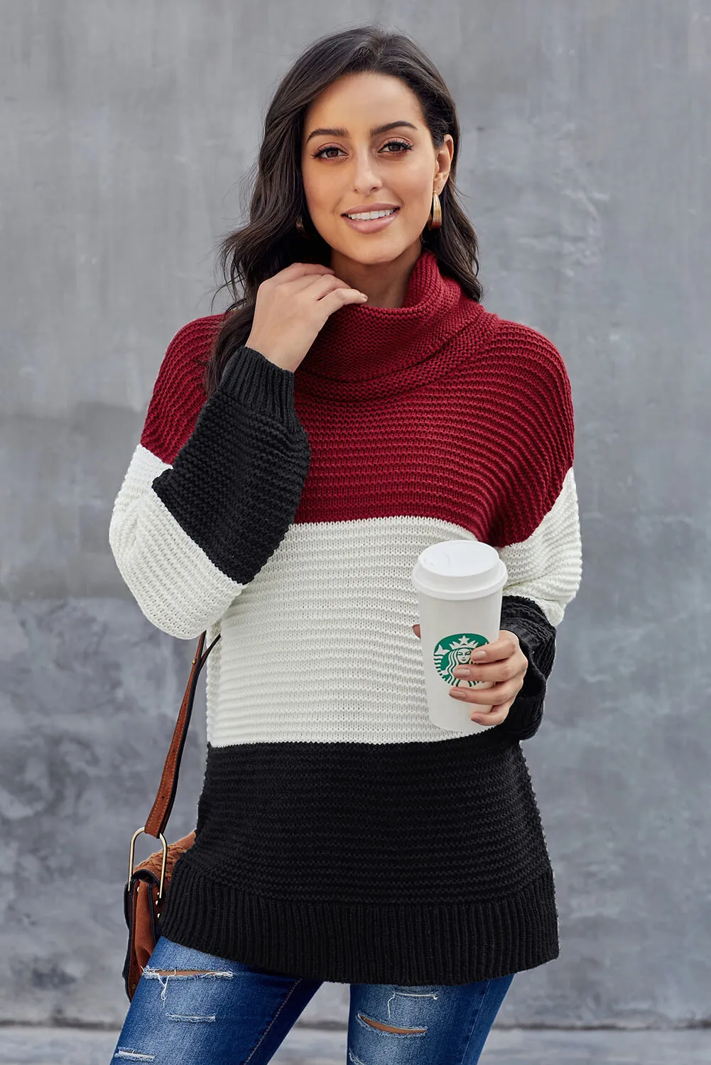 Turtleneck Color Block Pullover Sweater