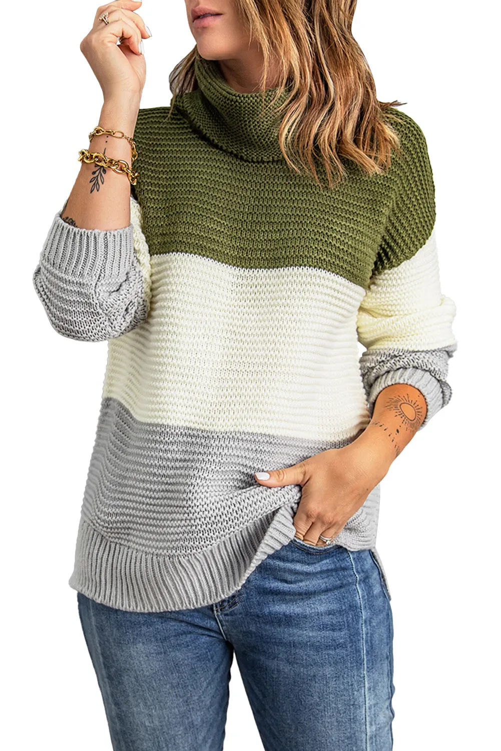 Turtleneck Color Block Pullover Sweater