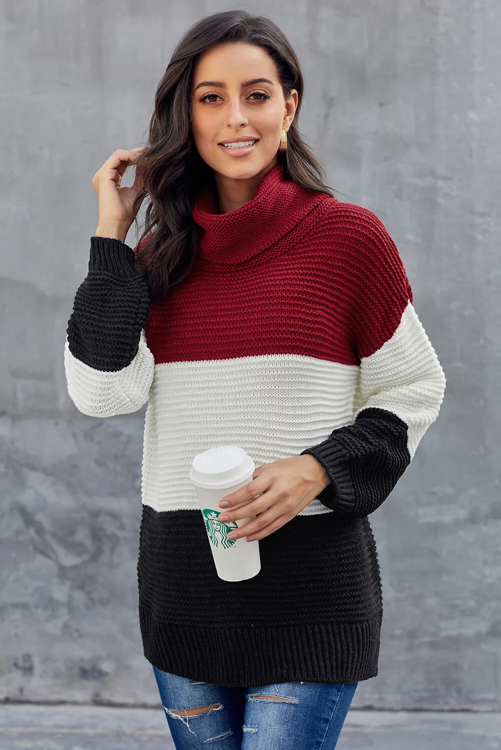 Turtleneck Color Block Pullover Sweater