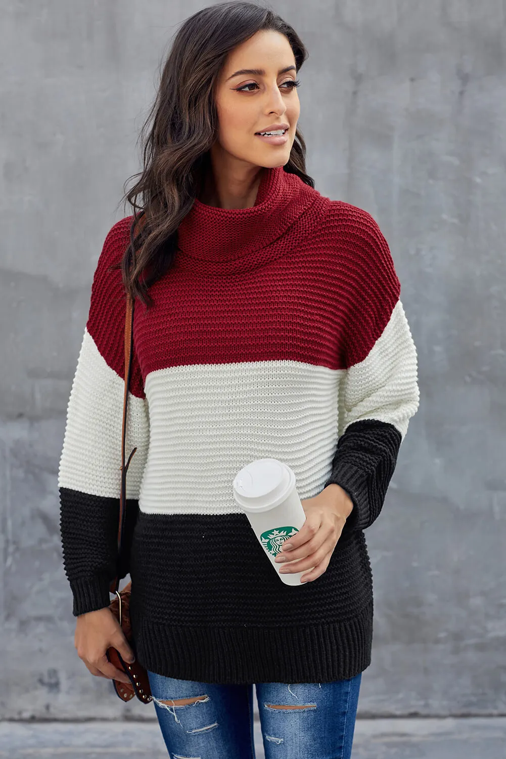 Turtleneck Color Block Pullover Sweater