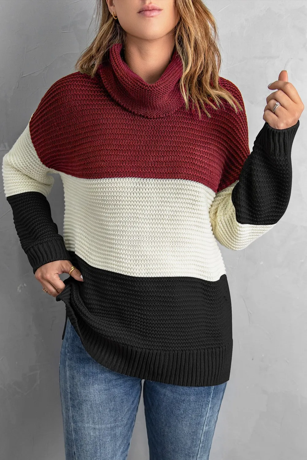 Turtleneck Color Block Pullover Sweater