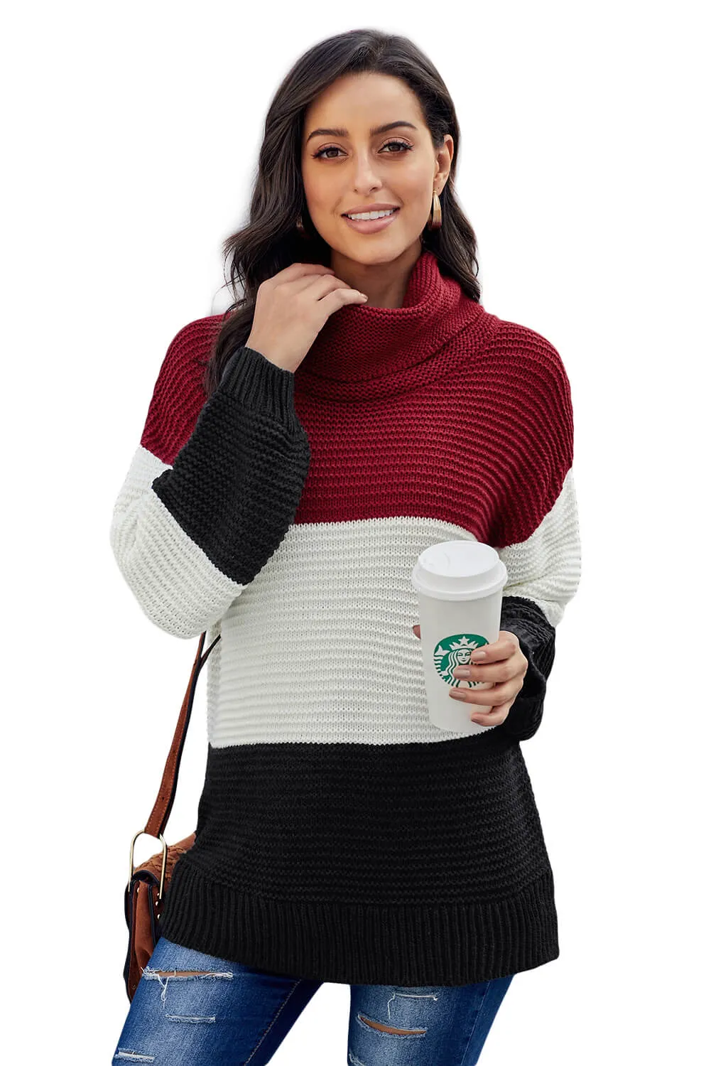 Turtleneck Color Block Pullover Sweater