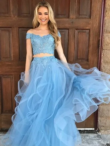 Two Pieces Light Blue Prom Dress with Tiered Skirt