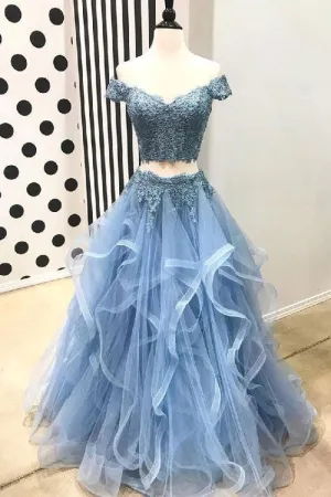 Two Pieces Light Blue Prom Dress with Tiered Skirt