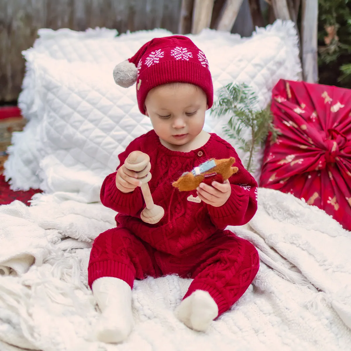 Une pièce rouge en tricot torsadé, naissance || Red one piece in twisted knit, newborn