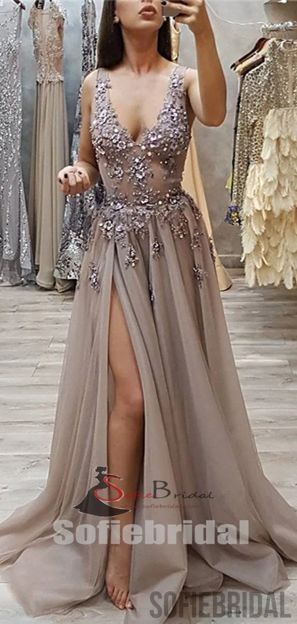 V-neck Appliques Beaded Long Side Slit Tulle Prom Dresses, PD0835