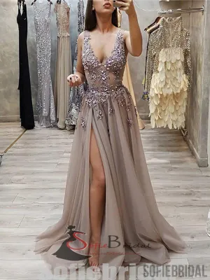 V-neck Appliques Beaded Long Side Slit Tulle Prom Dresses, PD0835