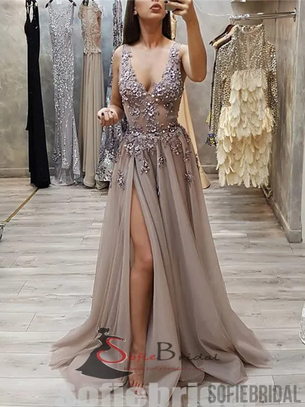 V-neck Appliques Beaded Long Side Slit Tulle Prom Dresses, PD0835