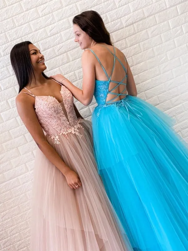 V Neck Backless Pink/Light Blue Lace Long Prom, Open Back Pink/Light Blue Lace Formal, Pink/Light Blue Lace Evening