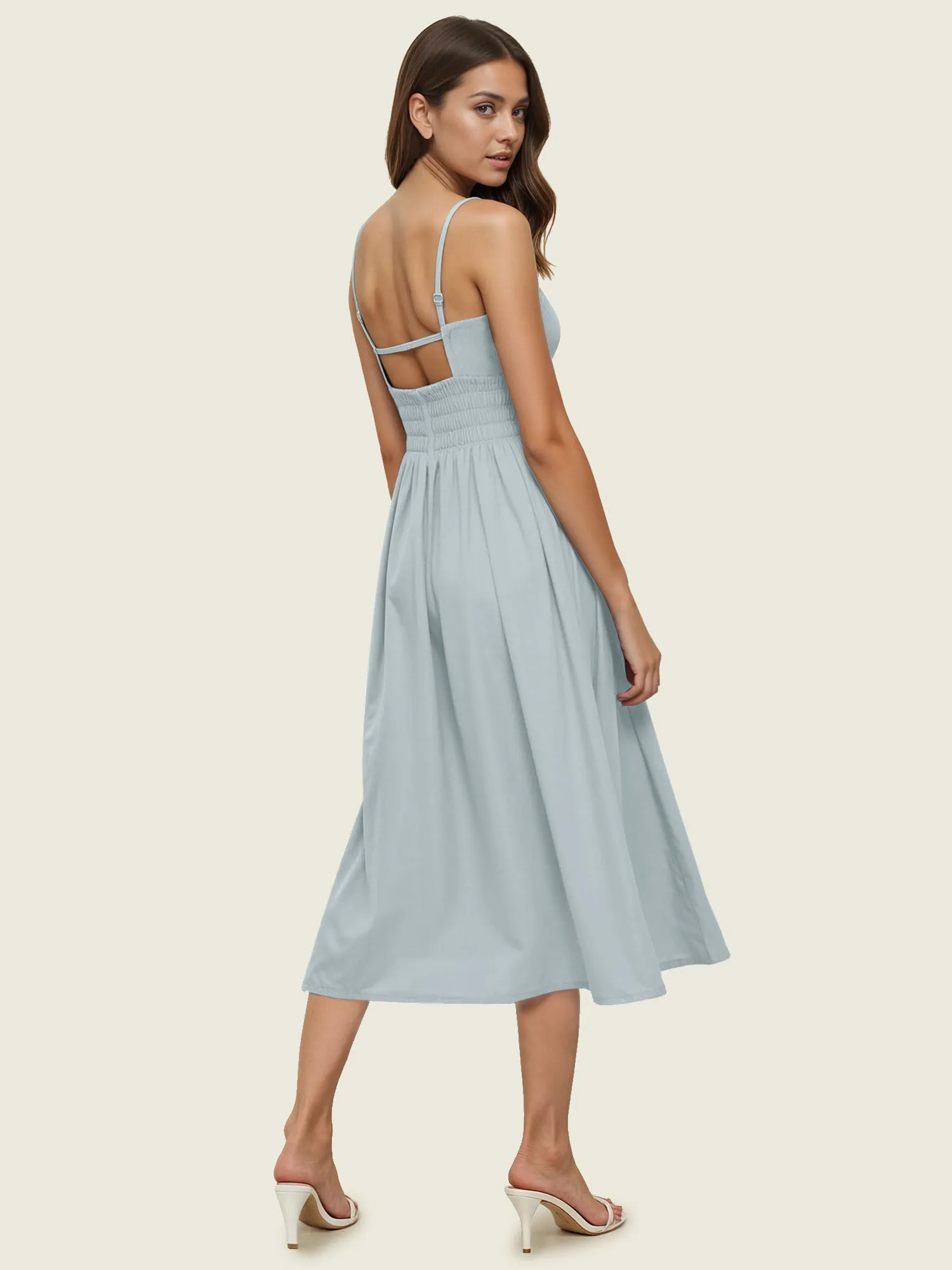 V Neck Denim Seamed Fit & Flare Maxi Dress