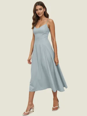 V Neck Denim Seamed Fit & Flare Maxi Dress