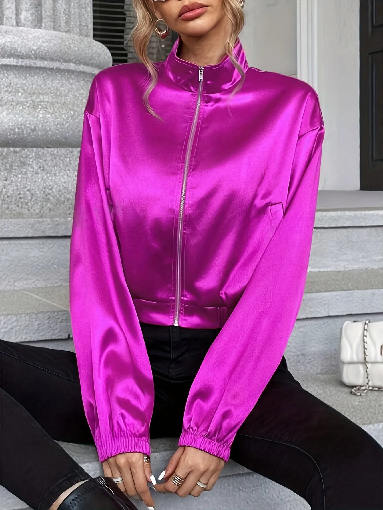 Vibrant Satin Zipper Jacket with Long Sleeves and Cropped Fit
