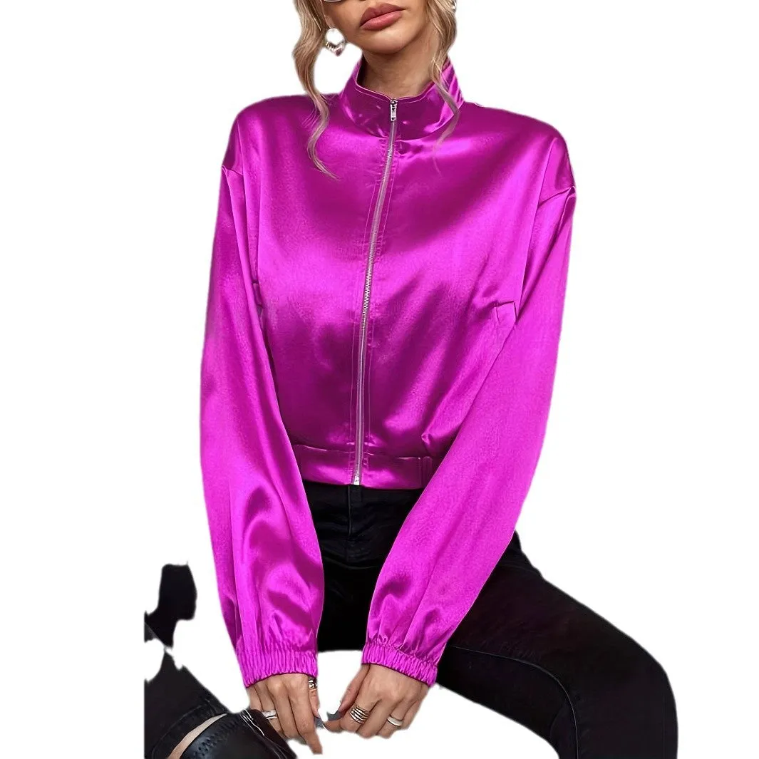 Vibrant Satin Zipper Jacket with Long Sleeves and Cropped Fit