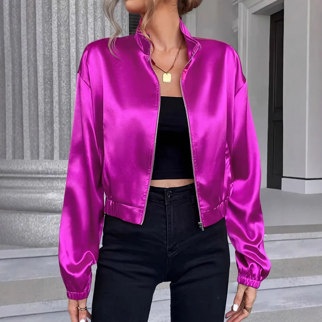 Vibrant Satin Zipper Jacket with Long Sleeves and Cropped Fit