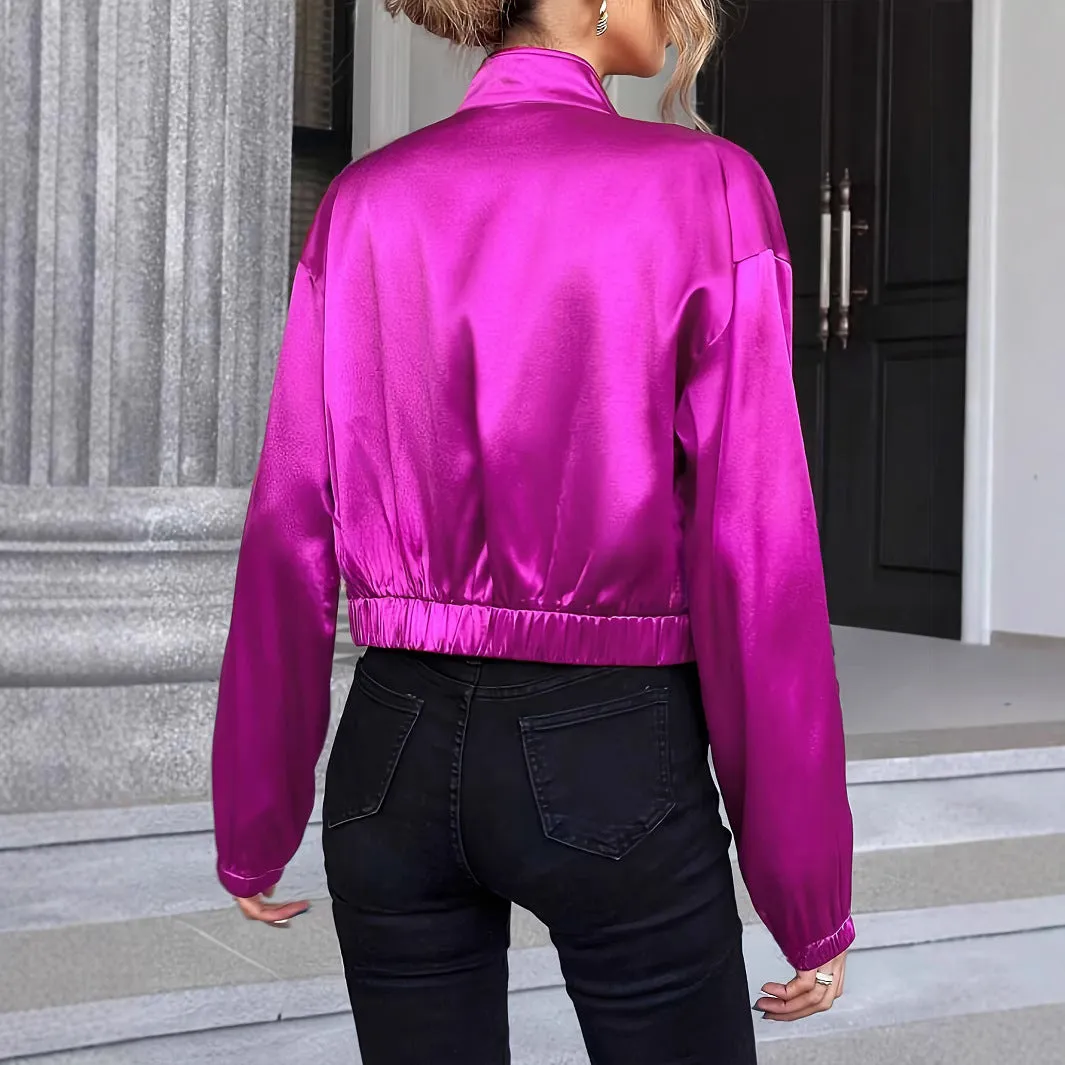 Vibrant Satin Zipper Jacket with Long Sleeves and Cropped Fit